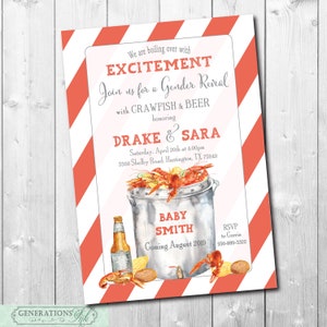 May include: A gender reveal party invitation with a red and white striped background. The invitation features a cartoon illustration of a pot of crawfish with a beer bottle and corn on the cob. The text reads "We are boiling over with excitement. Join us for a gender reveal with crawfish and beer honoring Drake and Sara. Saturday, April 20th at 4:00pm. 5566 Shelby Road, Huntington, TX 75949. Baby Smith. Coming August 2019. RSVP to Corrie 556-889-3322."