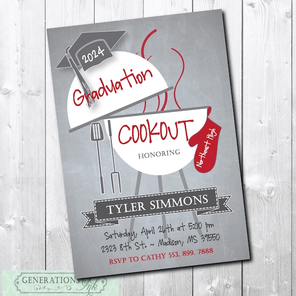 Graduation Cookout Party Invitation printable/Digital File/bbq, grill, burgers, girl, boy, class of 2024, Wording & Colors can be changed