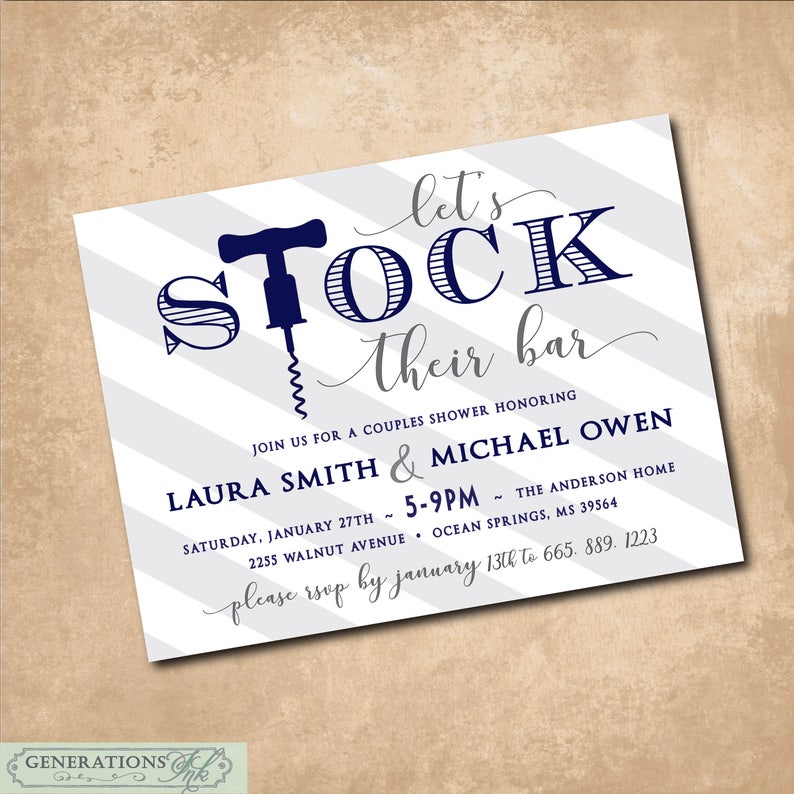 Stock the Bar Invitation printable/Stock the Bar Shower, Couples Stock the Bar Shower/Digital File/navy, gray, corkscrew, wine, cocktails image 1