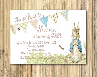 Peter Rabbit Birthday Invitation printable/Digital File/girl birthday, Beatrix Potter, Vintage Peter Rabbit, Bunny/Wording can be changed