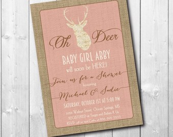 Antlers Baby Shower Invitation printable/Digital File/ girl baby shower, deer, rustic, monogram, blush, pink/Wording can be changed