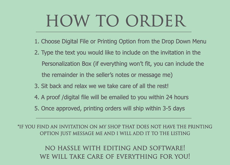 May include: Green background with white text explaining how to order a digital file or printed invitation. The text includes instructions for customizing the invitation and information about proof and shipping times. The text also includes a note about adding a printing option to the listing if it is not already available.