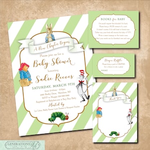 Invito per baby shower a tema libro con elementi stampabili abbinati/File digitali/Baby shower a tema libro, libri classici, baby shower per bambini