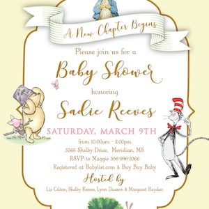 May include: A baby shower invitation with a yellow background and pink gingham border. The invitation features illustrations of Peter Rabbit, Winnie the Pooh, and the Cat in the Hat. The text reads "A New Chapter Begins" and "Please join us for a Baby Shower honoring Sadie Reeves". The invitation includes the date, time, location, and RSVP information.