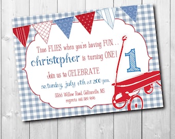 Red Wagon Birthday Invitation, boy first birthday, time files invitation, vintage red wagon/Digital File/wording & age can be changed