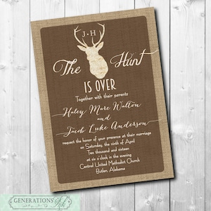 Hunt is Over Wedding Invitation imprimable, Invitation de mariage rustique, Bois, Cerf, Toile de jute, Automne, Numérique ou imprimé