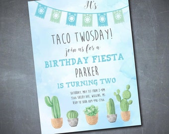 Taco Birthday Invitation, Boy Birthday Invitation, Fiesta Invitation, Taco Twosday, Taco Party, Watercolor, Digital or Printed