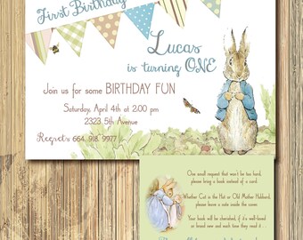 Vintage Peter Rabbit Birthday Invitation with Book Request Insert/ DIGITAL FILES/ printable/ wording and age can be changed
