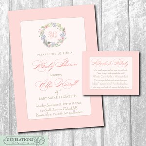 Monogram Wreath Baby Shower Invitation, Floral Baby Shower, Wreath Baby Shower, Pink Floral Baby Shower, DIGITALE O STAMPATO