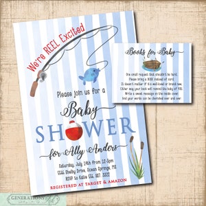 Invito per baby shower a tema pesca stampabile/File digitale/baby shower per maschietto, acquerello, richiesta libro, bobina eccitata/Il testo può essere modificato