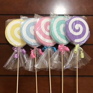 Lollipops Sticks Pastel Colors, Double Sided, Birthday Party Decorations, Excellent for Complement your Centerpieces (Set of 5 Sticks).