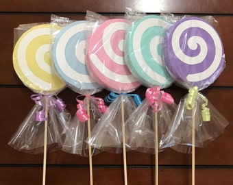 Lollipops Sticks Pastel Colors, Double Sided, Birthday Party Decorations, Excellent for Complement your Centerpieces (Set of 5 Sticks).