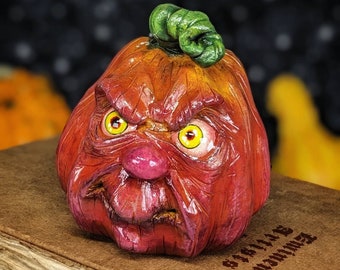 Grumpy pumpkin with yellow eyes polymer clay OOAK sculpture hand painted Halloween collection decor