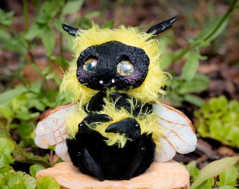 Cute Bumblebee OOAK Polymer clay Faux Fur Mixed media Art doll with glass eyes