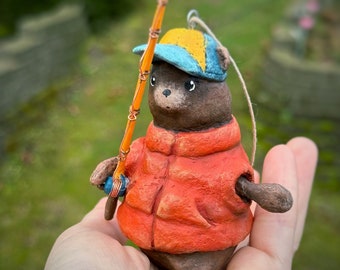 Fisherman Bear in camper outfit with a fishing rod OOAK Papier mache ornament handmade and hand painted figurine decoration