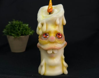 Creepy cute glowing in the dark green candle OOAK polymer clay sculpture with a glass flame handmade hand painted