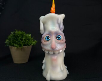 Funny cute glowing in the dark aqua blue candle OOAK polymer clay sculpture with a glass flame handmade hand painted