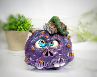 Funny Purple Witch Pumpkin with an old book of spells Polymer clay OOAK handpainted sculpture