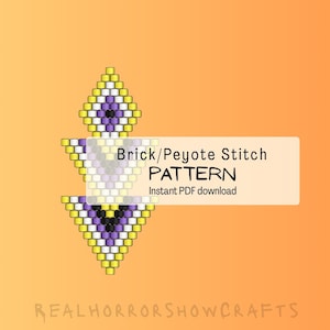 May include: A digital pattern for brick and peyote stitch beadwork. The design features a geometric shape in yellow, white, purple, and black beads. The text on the image reads "Brick/Peyote Stitch PATTERN Instant PDF download."