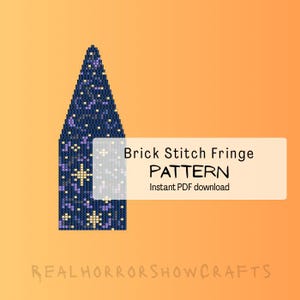 May include: A dark blue brick stitch fringe pattern with a star design. The text on the image reads "Brick Stitch Fringe PATTERN Instant PDF download". The background is orange.