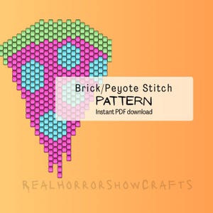 May include: A colorful pixelated pizza slice design in pink, blue, and green. The image includes the text "Brick/Peyote Stitch PATTERN" and "Instant PDF download". The design is set against an orange background.