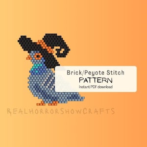 May include: A pixelated blue pigeon wearing a black witch hat with orange accents. The image includes the text "Brick/Peyote Stitch PATTERN Instant PDF download" on a white rectangle. The shop name "REALHORRORSHOWCRAFTS" is at the bottom.