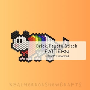 May include: A pixelated panda bear design in black, white, red, and rainbow colors. The image includes the text "Brick/Peyote Stitch PATTERN" and "Instant PDF download" on a white rectangle. The background is orange.