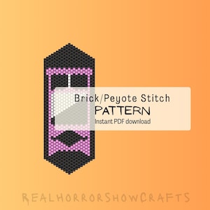 May include: A black and pink brick/peyote stitch pattern design. The design is in the shape of a tall rectangle with a geometric pattern. The text "Brick/Peyote Stitch PATTERN Instant PDF download" is displayed on the image.