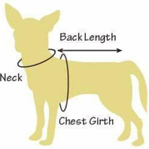 May include: Diagram showing how to measure a dog for a harness. The diagram shows a dog with lines indicating where to measure the neck, back length, and chest girth.
