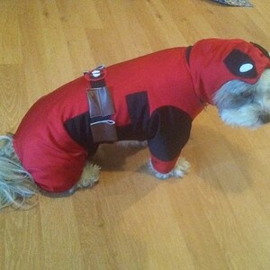 May include: A white dog wearing a red and black Deadpool costume. The dog is sitting on a wooden floor.