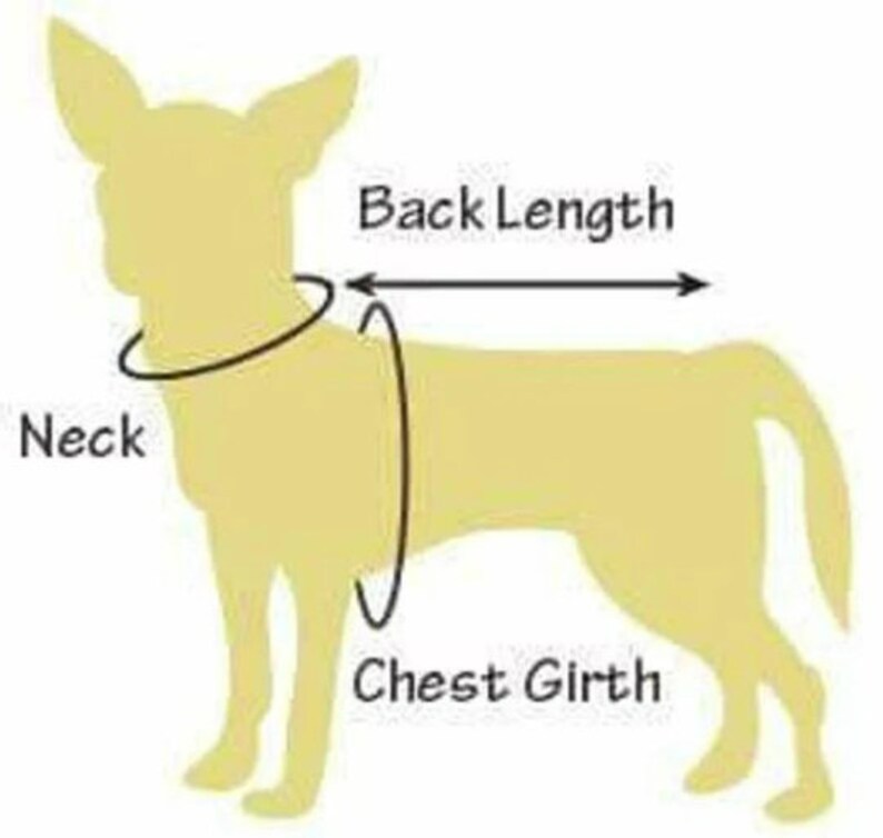 以下が含まれることがあります： ハーネスに合うように犬を測定する方法を示す図。図には、犬の黄色のシルエットが描かれており、「首」、「背中の長さ」、「胸囲」のラベルが付けられています。