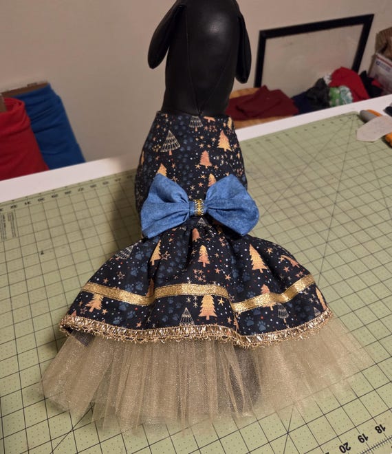 Christmas dog dress: gold tulle tutu, homemade outfit