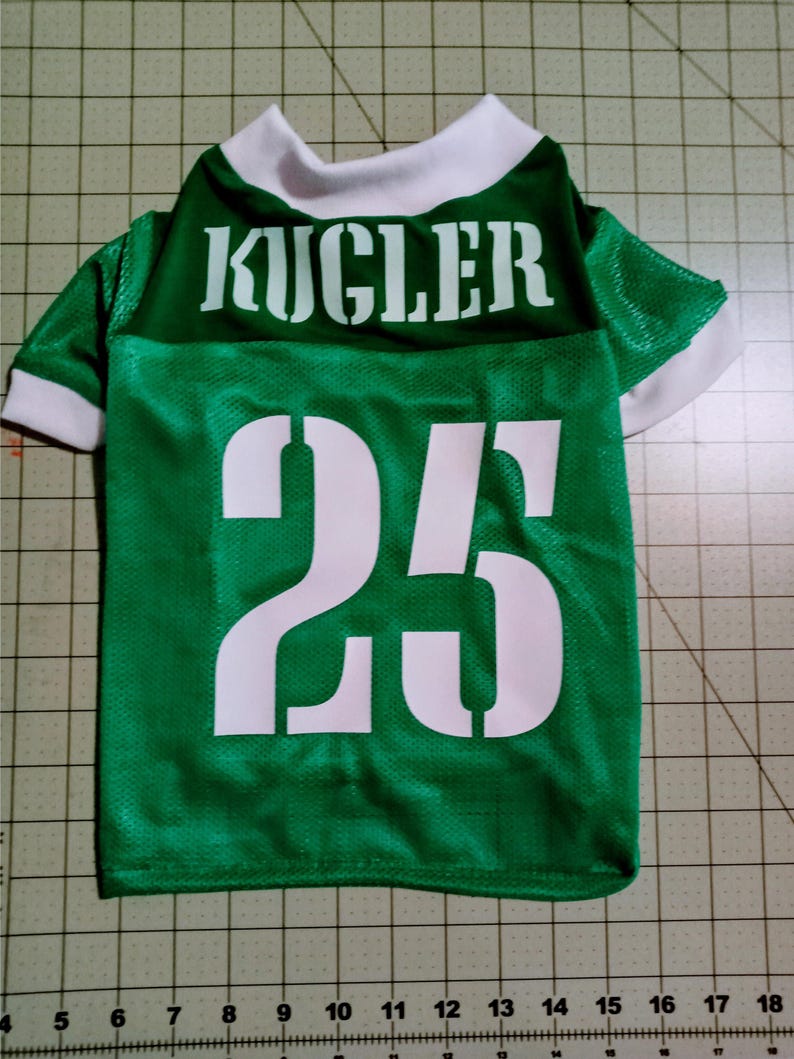 Pu&ograve; includere: Maglia da calcio per cani verde e bianca con il nome "KUGLER" e il numero "25" stampato sul retro.