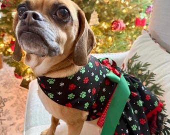 Hundekleid Weihnachten: Pfotenabdruck, karierter Unterrock