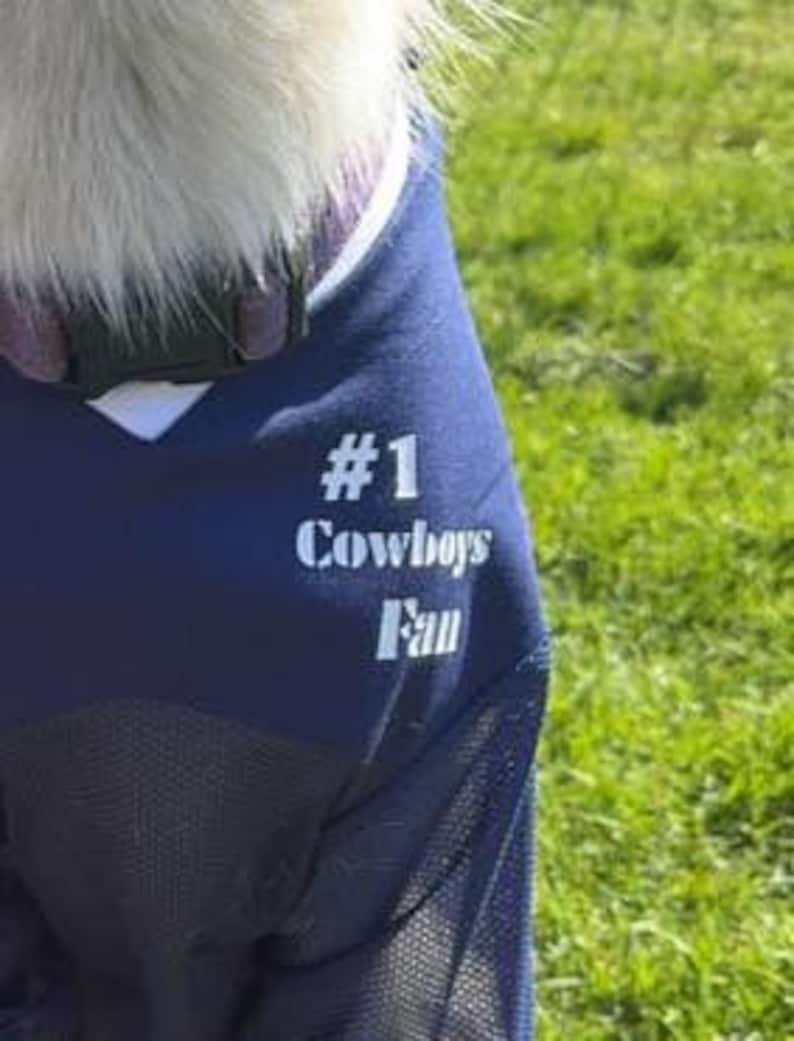 Pu&ograve; includere: Una maglia blu navy con tessuto a rete bianca. La maglia ha il numero "1" e le parole "Cowboys Fan" stampate in bianco sul davanti.