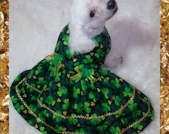 St. Patrick's Day Clover Dog Dress: Gold Accents, Ruffle Skirt