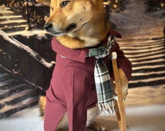 Tiny Tim Dog Costume: Fleece Jacket, Plaid Scarf & Burgundy Hat