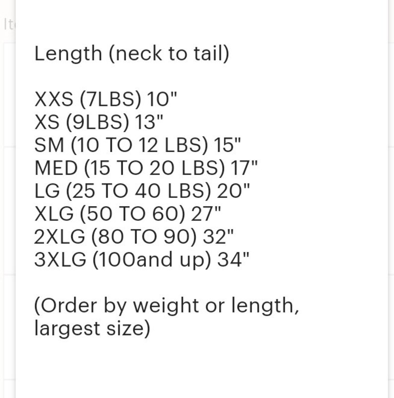 May include: Chart showing dog clothing sizes based on weight and length from neck to tail. Sizes include XXS, XS, SM, MED, LG, XLG, 2XLG, and 3XLG.  Order by weight or length, largest size.