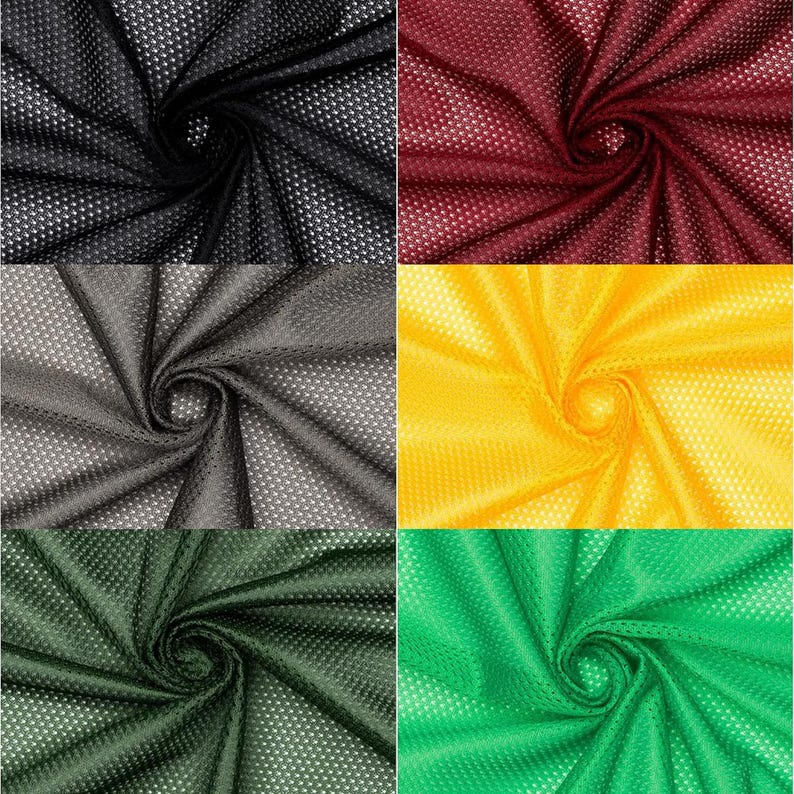 Pu&ograve; includere: Primo piano di sei diversi colori di tessuto a rete. Il tessuto &egrave; nero, granata, giallo, verde scuro e verde chiaro. Il tessuto &egrave; piegato e disposto a spirale.