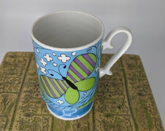 Vintage Butterfly Mod Floral Porcelain Pedestal Mug