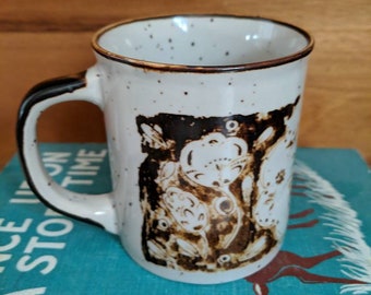 Vintage Japanese Speckled Stoneware Brown Floral Print Mug