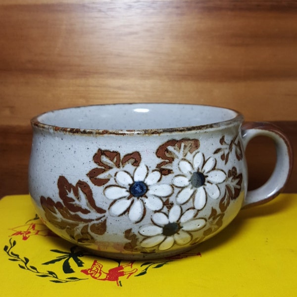 Vintage Speckled Stoneware Soup Mug with White,Blue and Brown Flowers