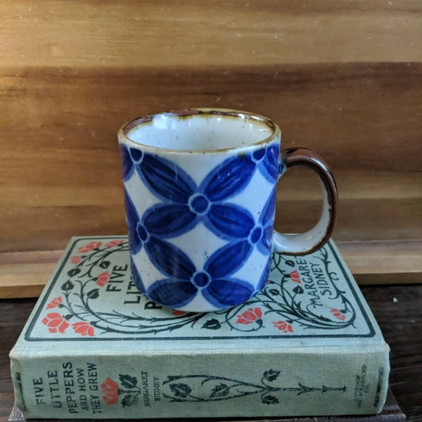 Vintage Speckled Stoneware Blue Floral Boho Pattern Mug