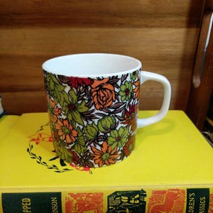 Vintage Holt Howard Maroon, Avocado Green, and Orange Floral Porcelain Mug