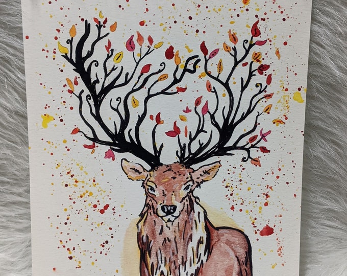 Fall Deer Watercolor PRINT Animal Lovers Fall Leaves Woodland Creature Stag Autumn