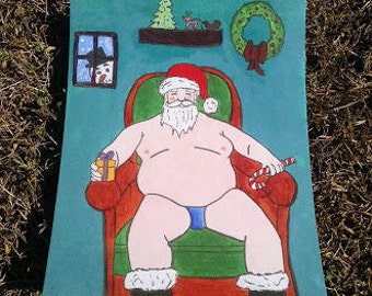 Dirty Santa in a Chair Christmas PRINT Art work / Gag Gifts / Christmas Gifts / Holiday Gifts / Secret Santa / Funny Gifts / Ready to Ship