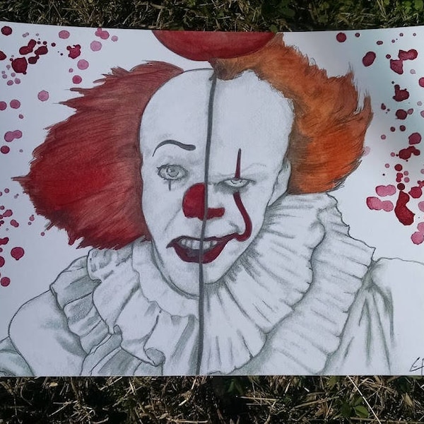 Pennywise Watercolor Drawing PRINT / IT / Tim Curry / Stephen King / Evil Clowns / Skarsgard / Ready to Ship