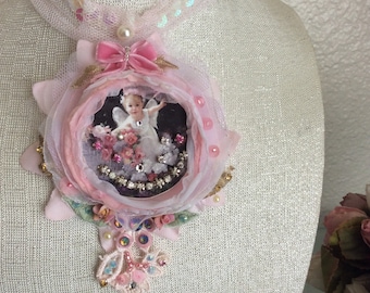 Little Angel- Chocker Pendant  Necklace Brooch Shabby Chic Decoupage Pink Mix Beads Flowers Handmade