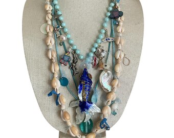 Fish Cloisonné  Necklace w/ charms Mixed Jewelry Vintage Charms Beads  shells Handmade Boho Artsy