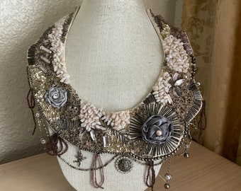 Necklace Embroidered  mixed beads Handmade Art to wear Altered couture